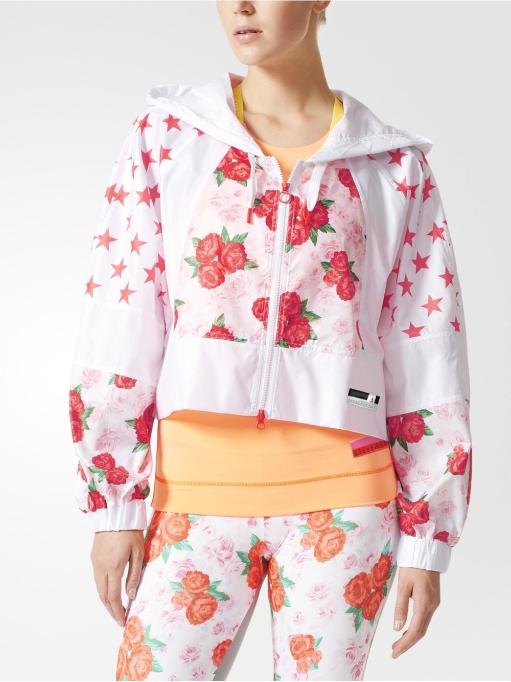 adidas by Stella McCartney White and Pink Floral Hooded windbreaker jacket
